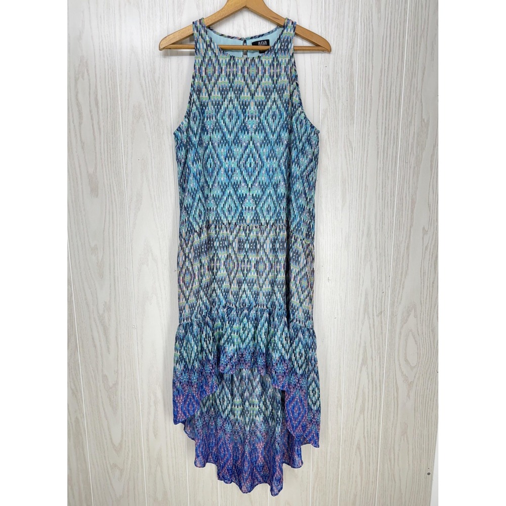ana A New Approach Dress Womens Large Blue Ikat High Low Ruffle Hem Sleeveless